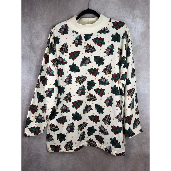 Bold Spirit Tops - VTG 90s Bold Spirit Christmas Tree Sweatshirt Womens XL Cream Plaid Mock Neck